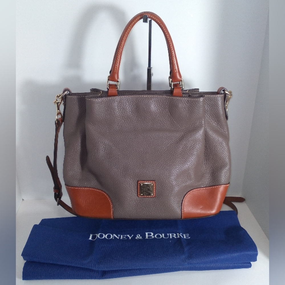 Authentic Dooney & Bourke Brenna Pebble Grain Grey & Brown Leather  Satchel